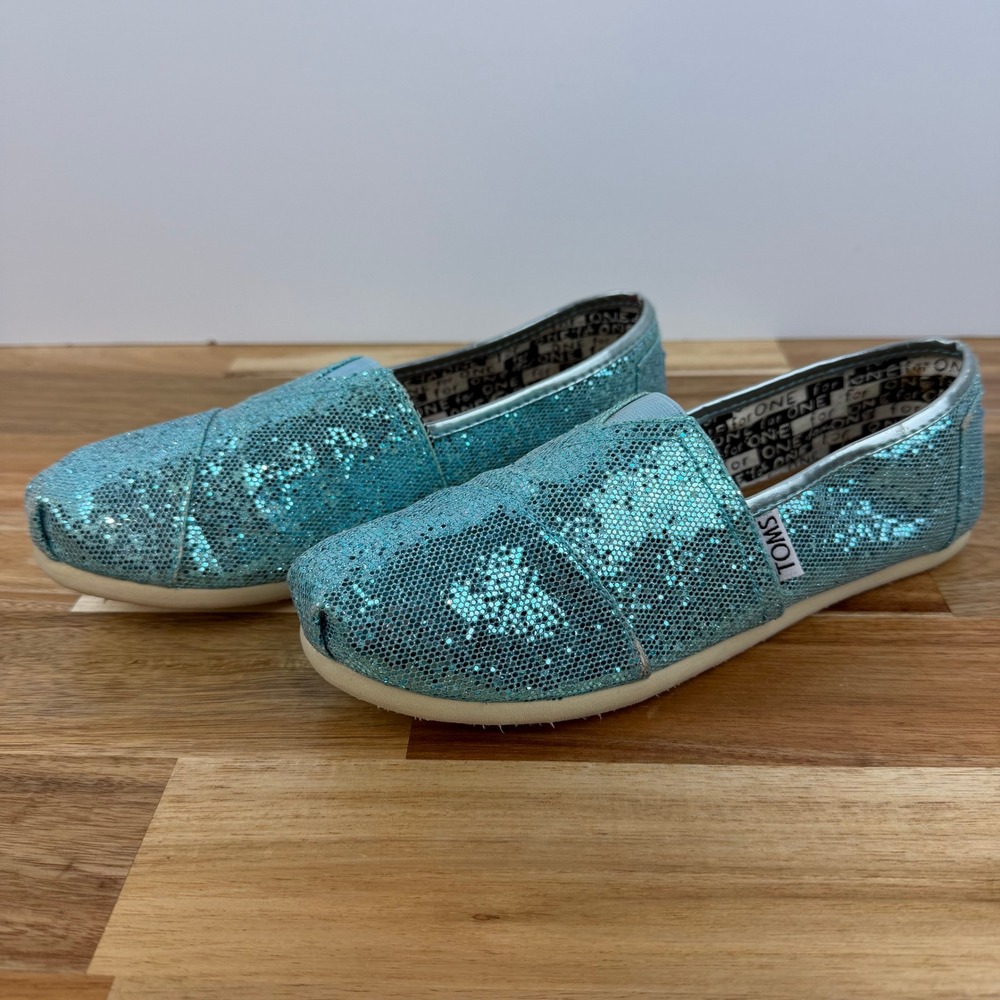 TOMS Kids Youth 3.5 Turquoise Blue Glitter Classic Alpargata Slip On Shoes